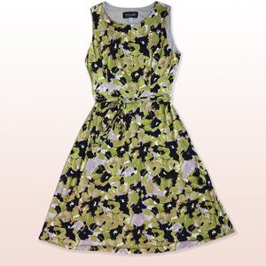 Evan Picone Black Label Green Floral Sleeveless Stretch Dress + Tie Size 6